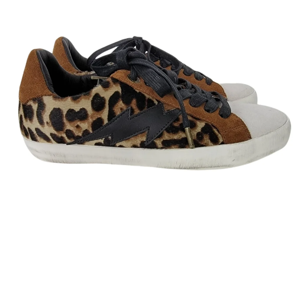 New Zadig and Voltaire Leo Print Cowhide Sneakers Brown Black White Size 36 US 6